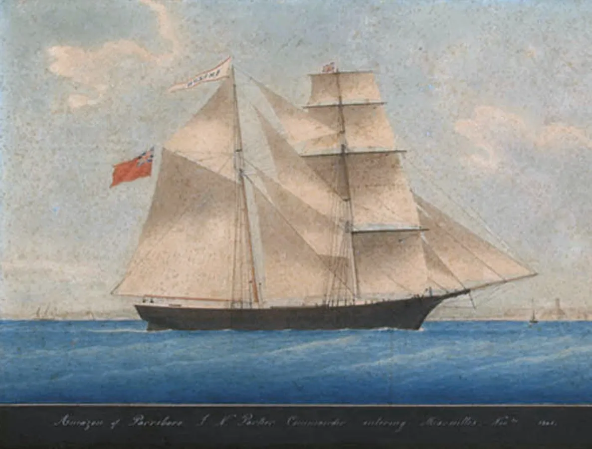 Ship portrait of the brigantine Amazon (later renamed Mary Celeste) entering Marseilles harbour under sail, November 1861, oil painting.