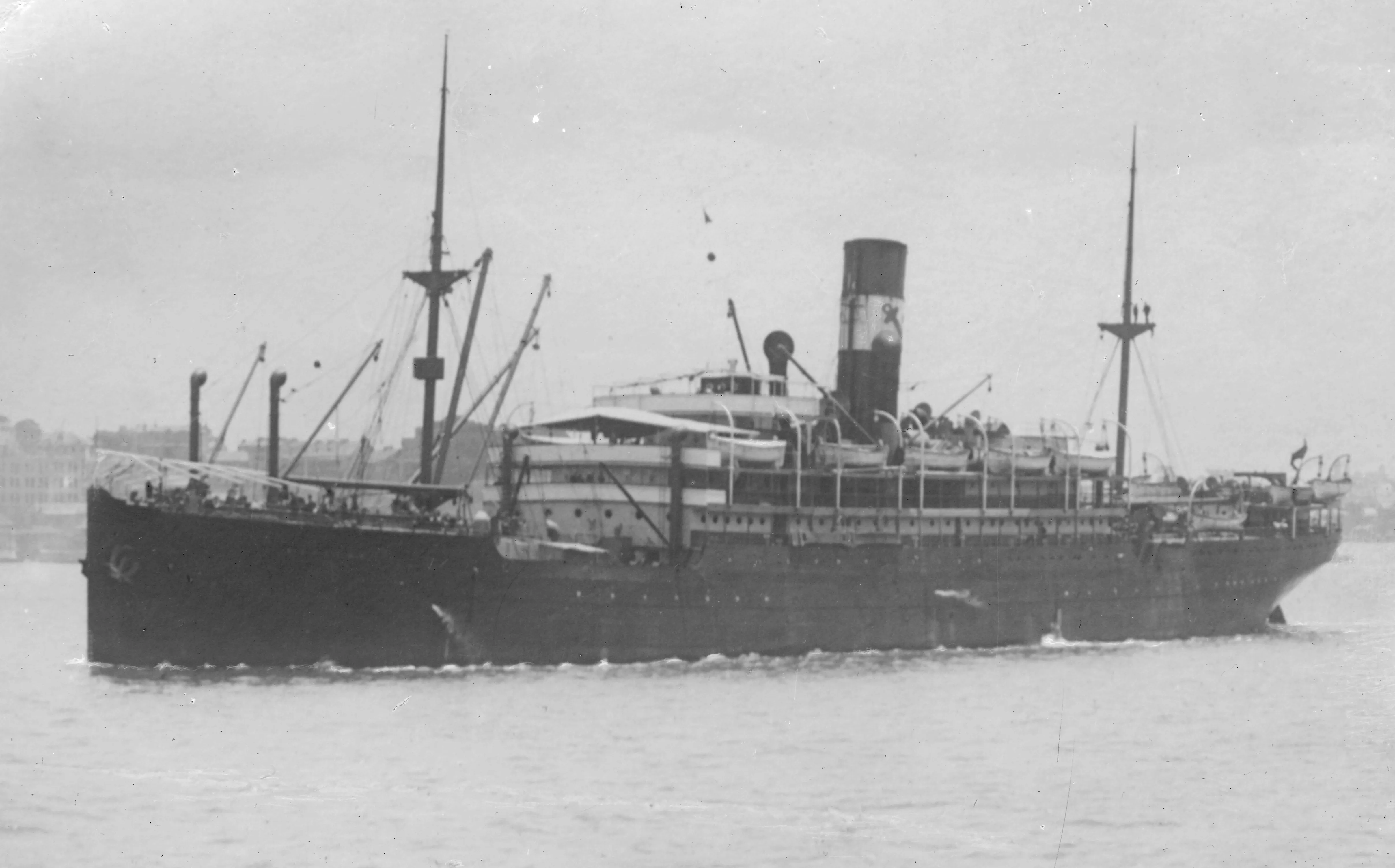 Black-and-white photograph of the Blue Anchor Line steamship SS Waratah, two funnels, profile view at sea.