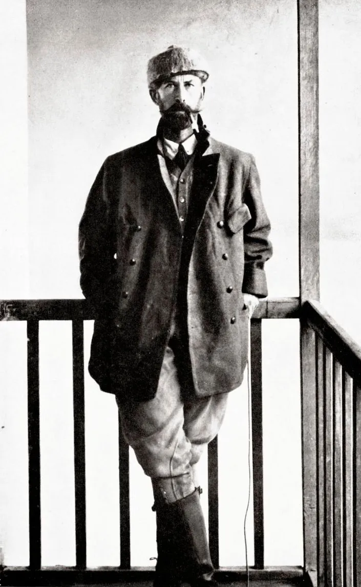 Photographic portrait of Percy Fawcett, British explorer, bearded, in jacket and tie.