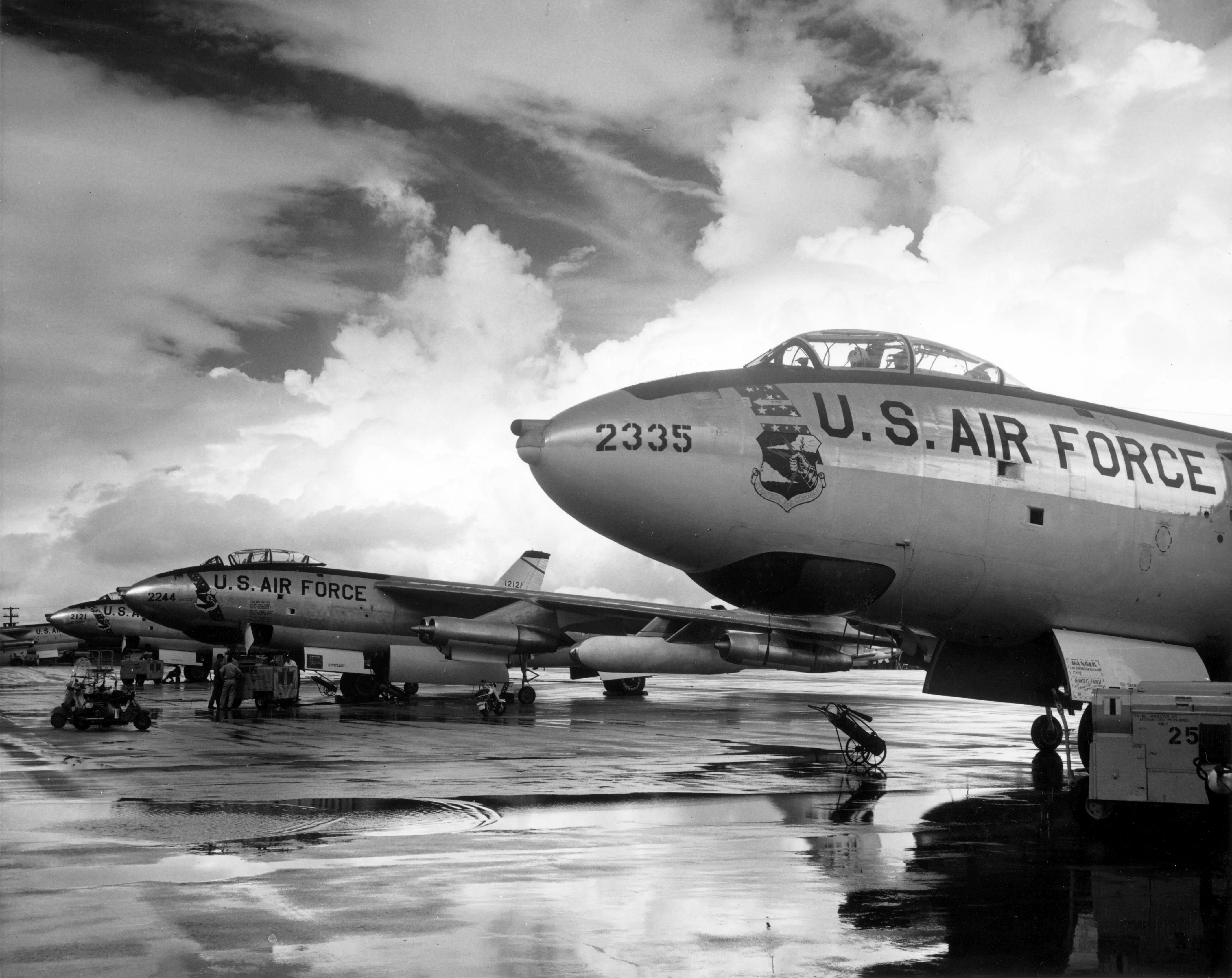 Six-engine Boeing B-47 Stratojet bomber and reconnaissance aircraft of the US Air Force, in flight.